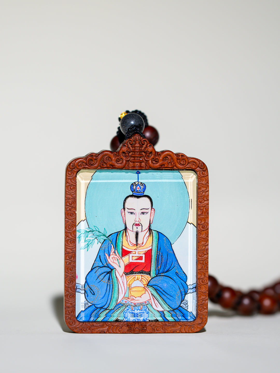 纯手绘 太乙救苦天尊枣木外壳吊坠唐卡