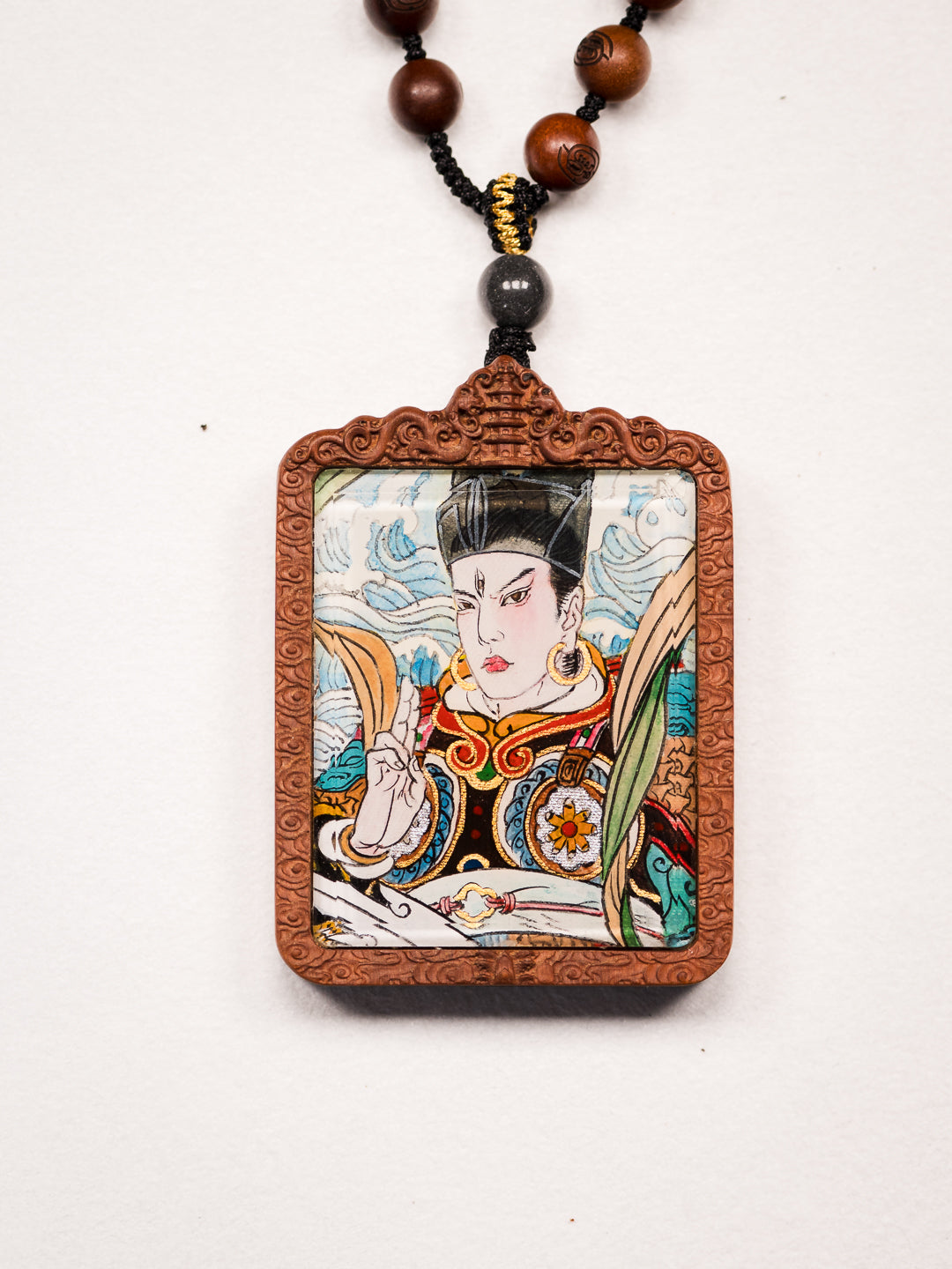 纯手绘二郎神显圣真君枣木外壳吊坠唐卡