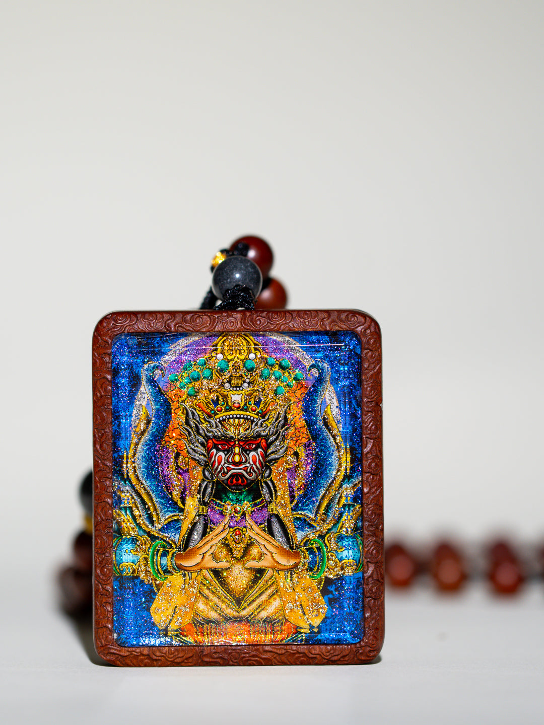 手绘点彩 官将首/增损二将枣木外壳吊坠唐卡