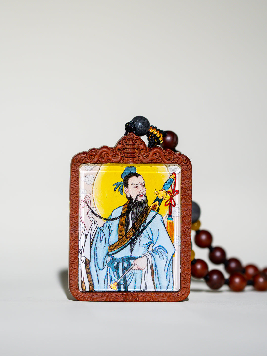 纯手绘 吕洞宾纯阳祖师枣木外壳吊坠唐卡