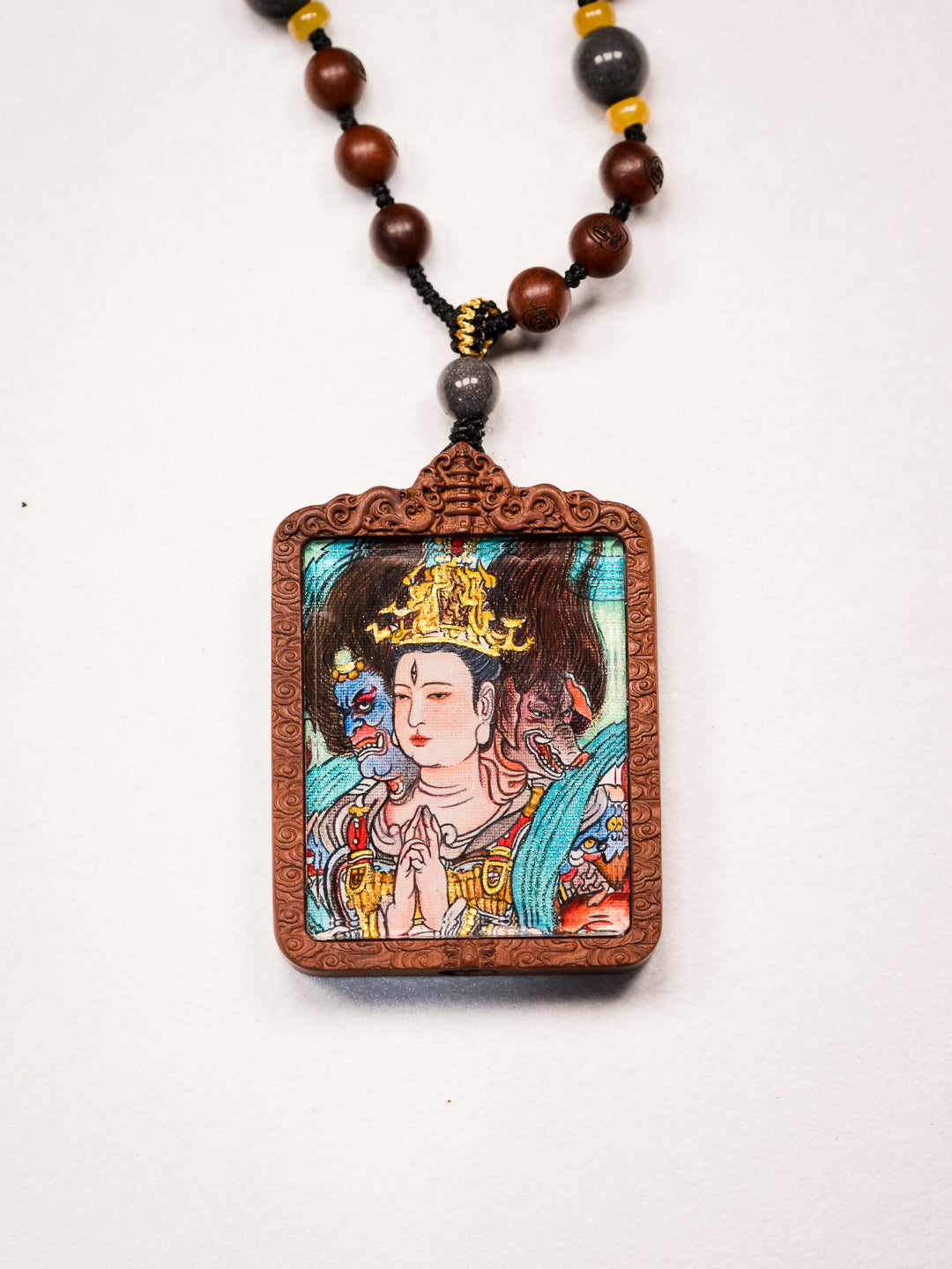 纯手绘 斗姆元君 枣木外壳吊坠唐卡