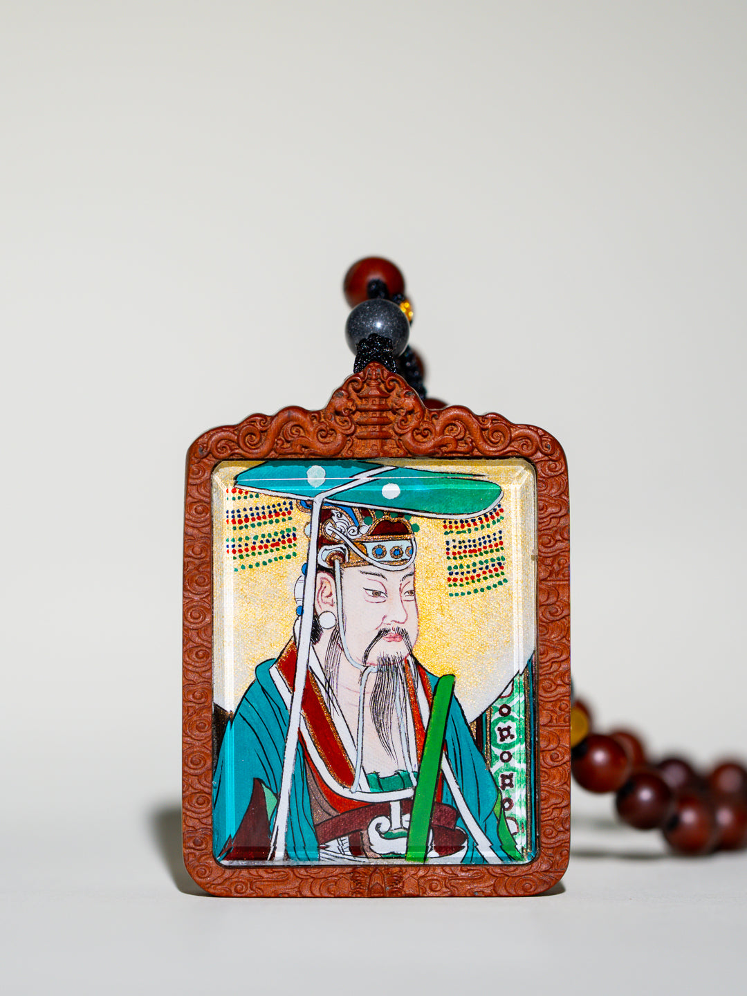 纯手绘东王公+西王母枣木外壳吊坠唐卡