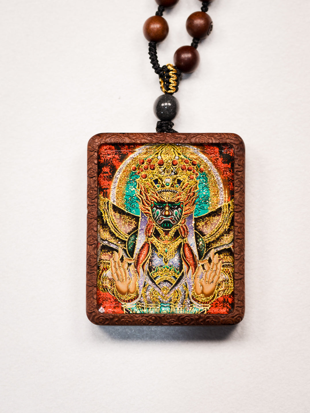 手绘点彩 官将首/增损二将枣木外壳吊坠唐卡