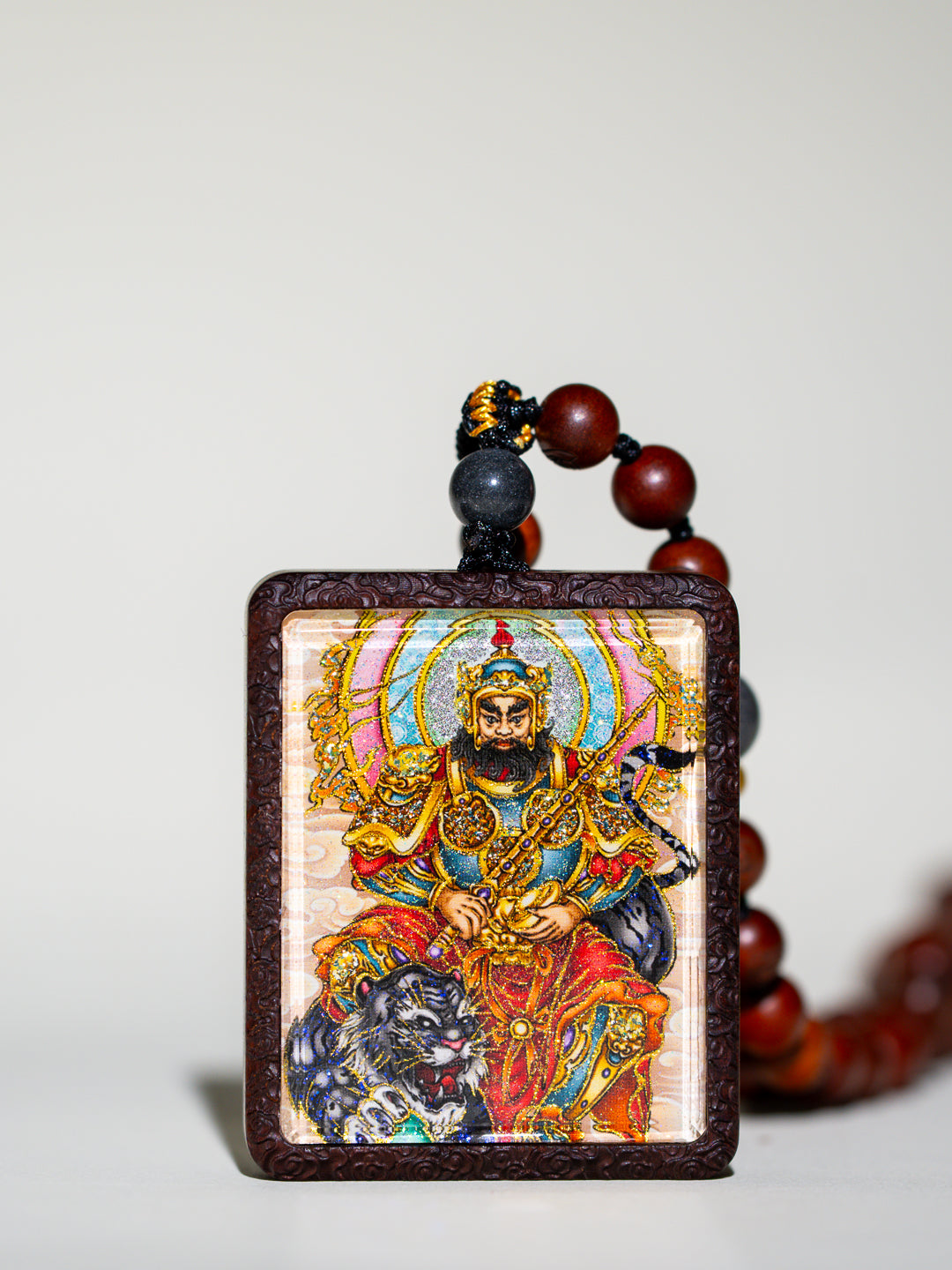 手绘点彩 赵公明枣木外壳 小神龛吊坠唐卡