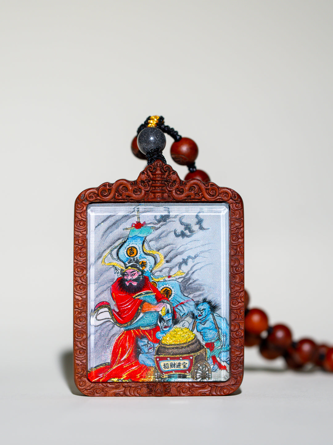 纯手绘 判官钟馗 枣木外壳吊坠唐卡