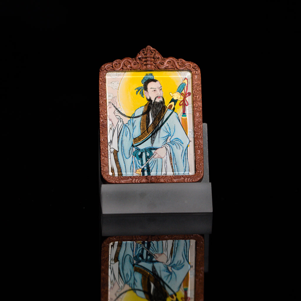 纯手绘 吕洞宾纯阳祖师枣木外壳吊坠唐卡
