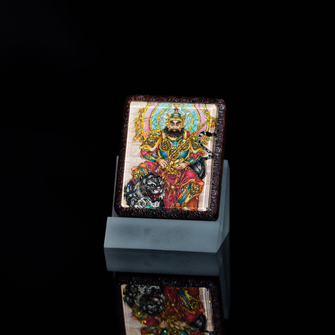 手绘点彩 赵公明枣木外壳 小神龛吊坠唐卡