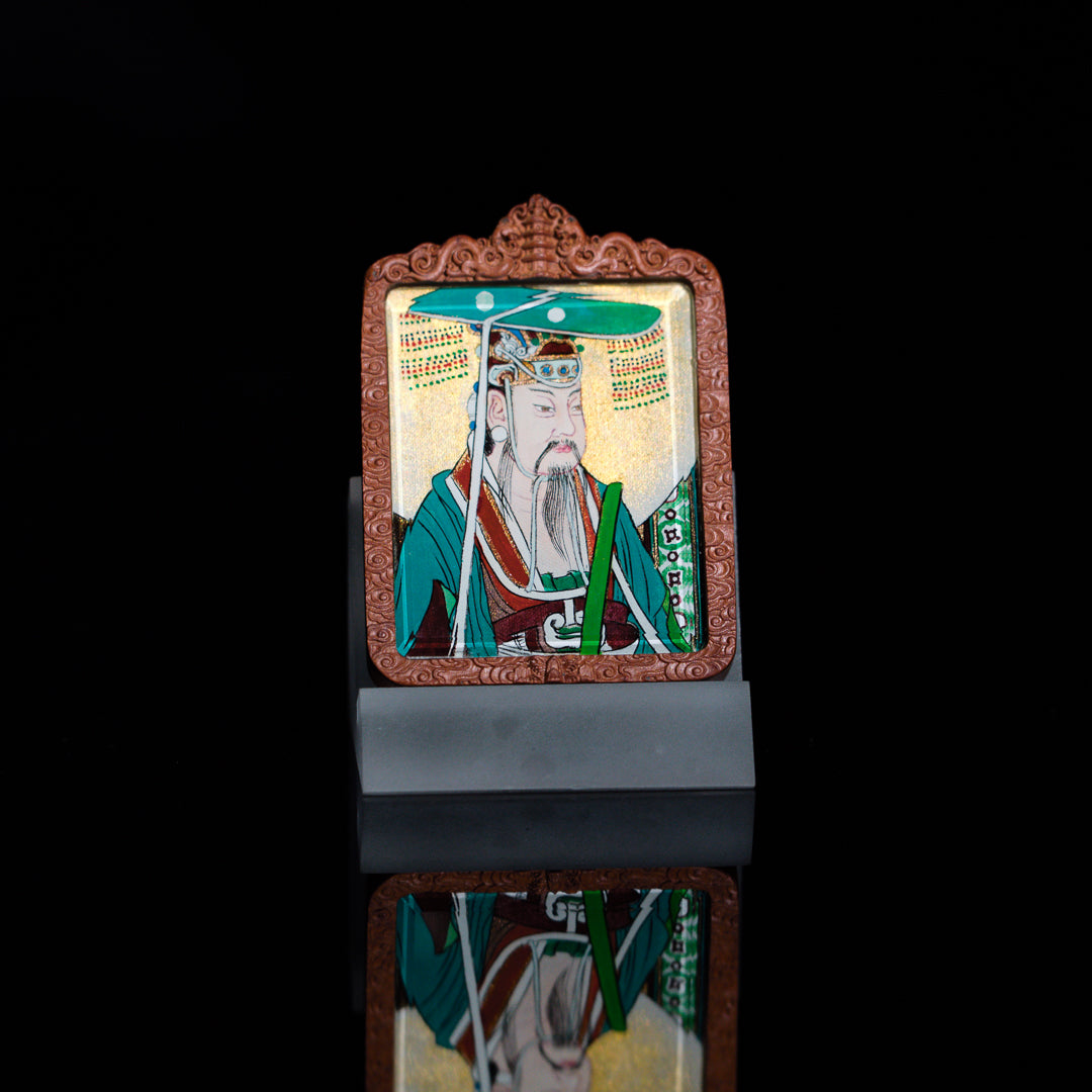 纯手绘东王公+西王母枣木外壳吊坠唐卡