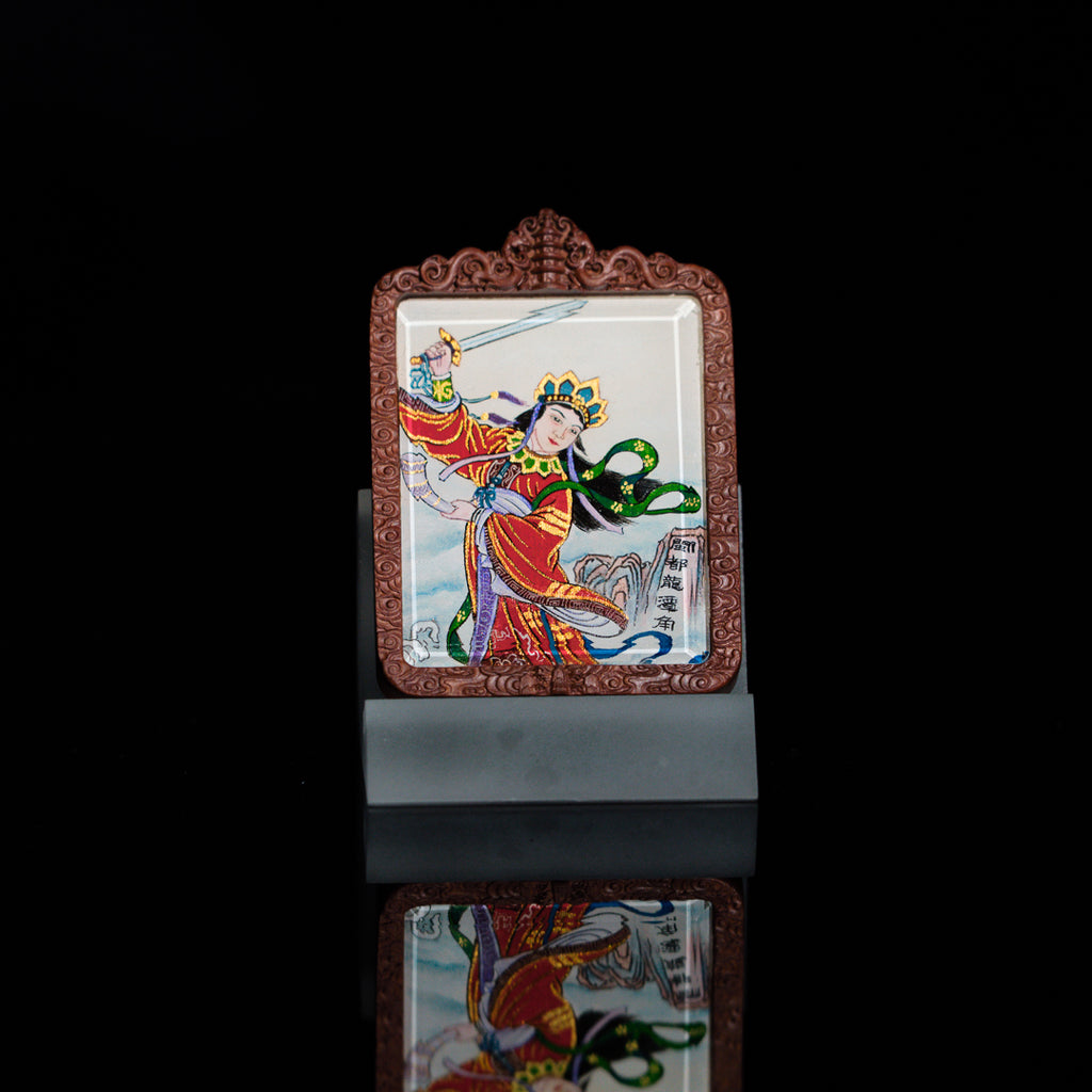 纯手绘 临水夫人陈靖姑枣木外壳吊坠唐卡