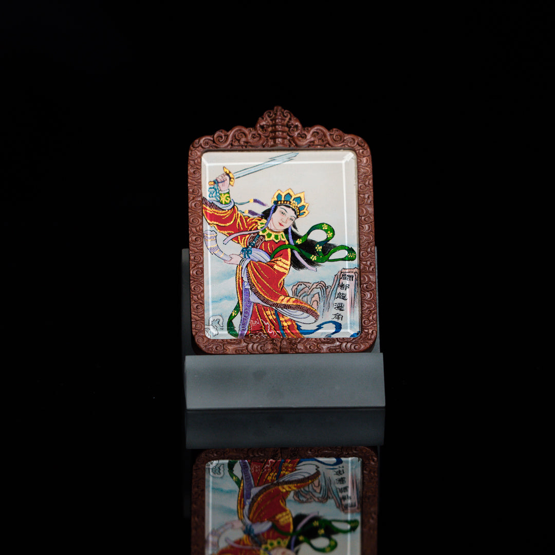 纯手绘 临水夫人陈靖姑枣木外壳吊坠唐卡
