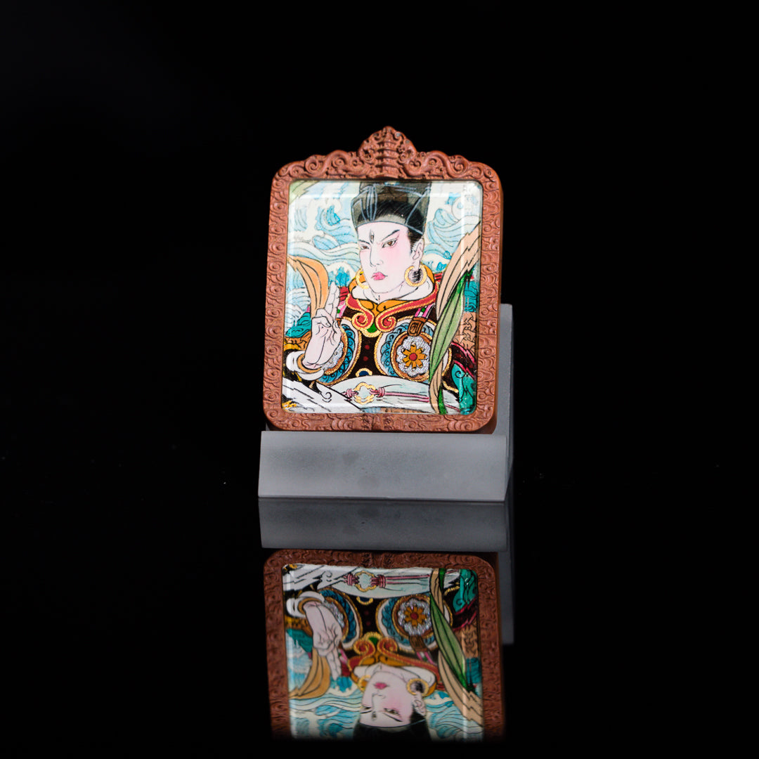 纯手绘二郎神显圣真君枣木外壳吊坠唐卡