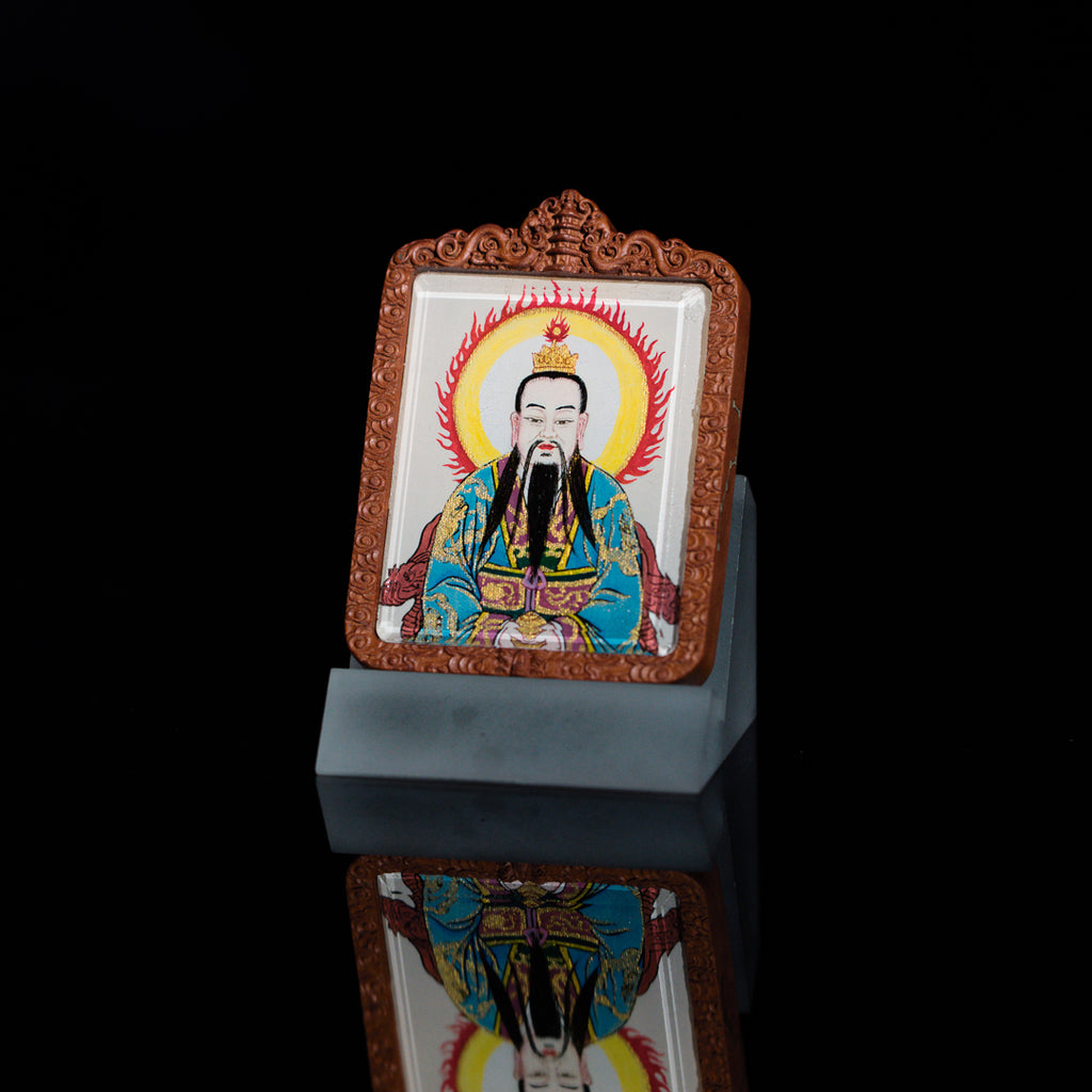 纯手绘玉清元始天尊 枣木外壳吊坠唐卡