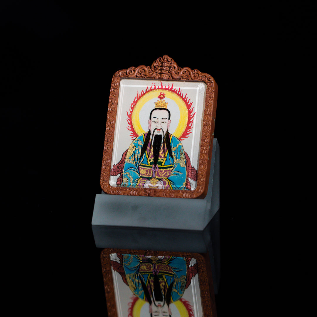 纯手绘玉清元始天尊 枣木外壳吊坠唐卡