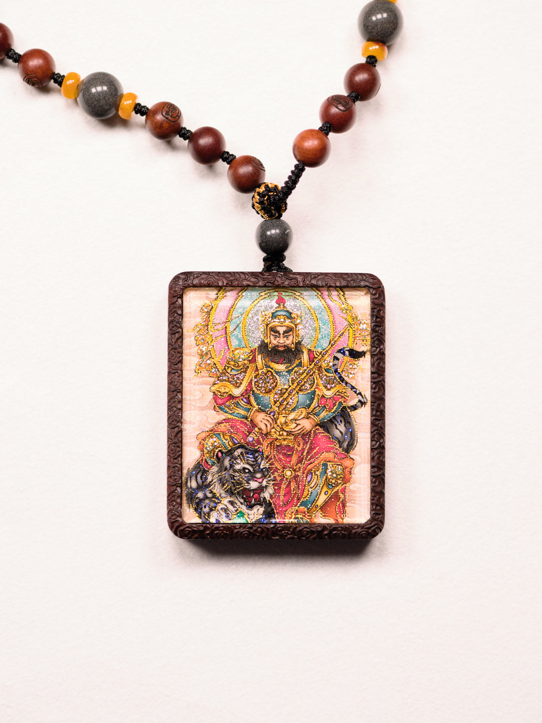 手绘点彩 赵公明枣木外壳 小神龛吊坠唐卡