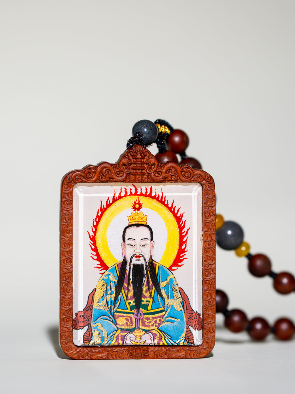 纯手绘玉清元始天尊 枣木外壳吊坠唐卡