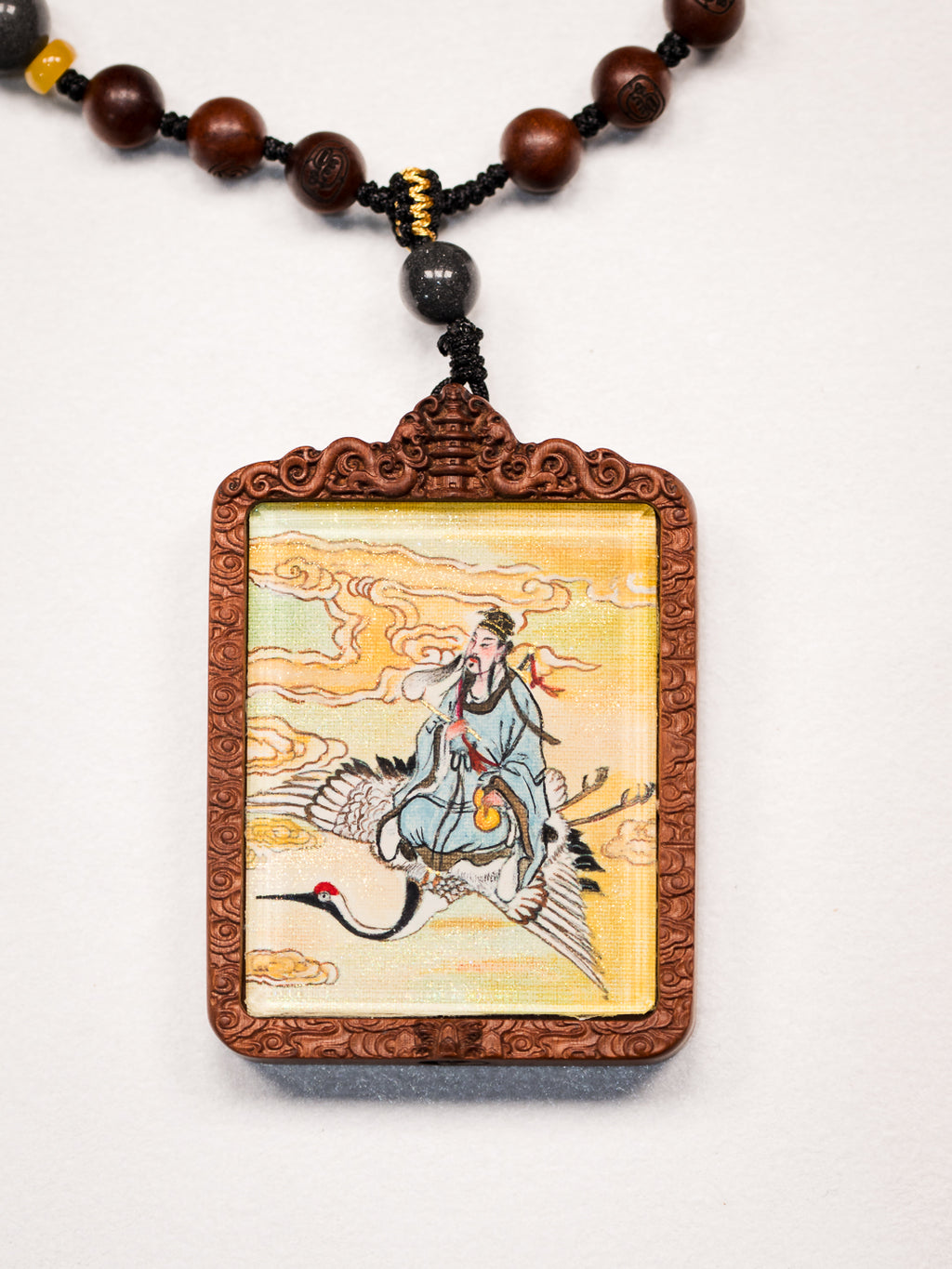 纯手绘 吕洞宾纯阳祖师枣木外壳吊坠唐卡