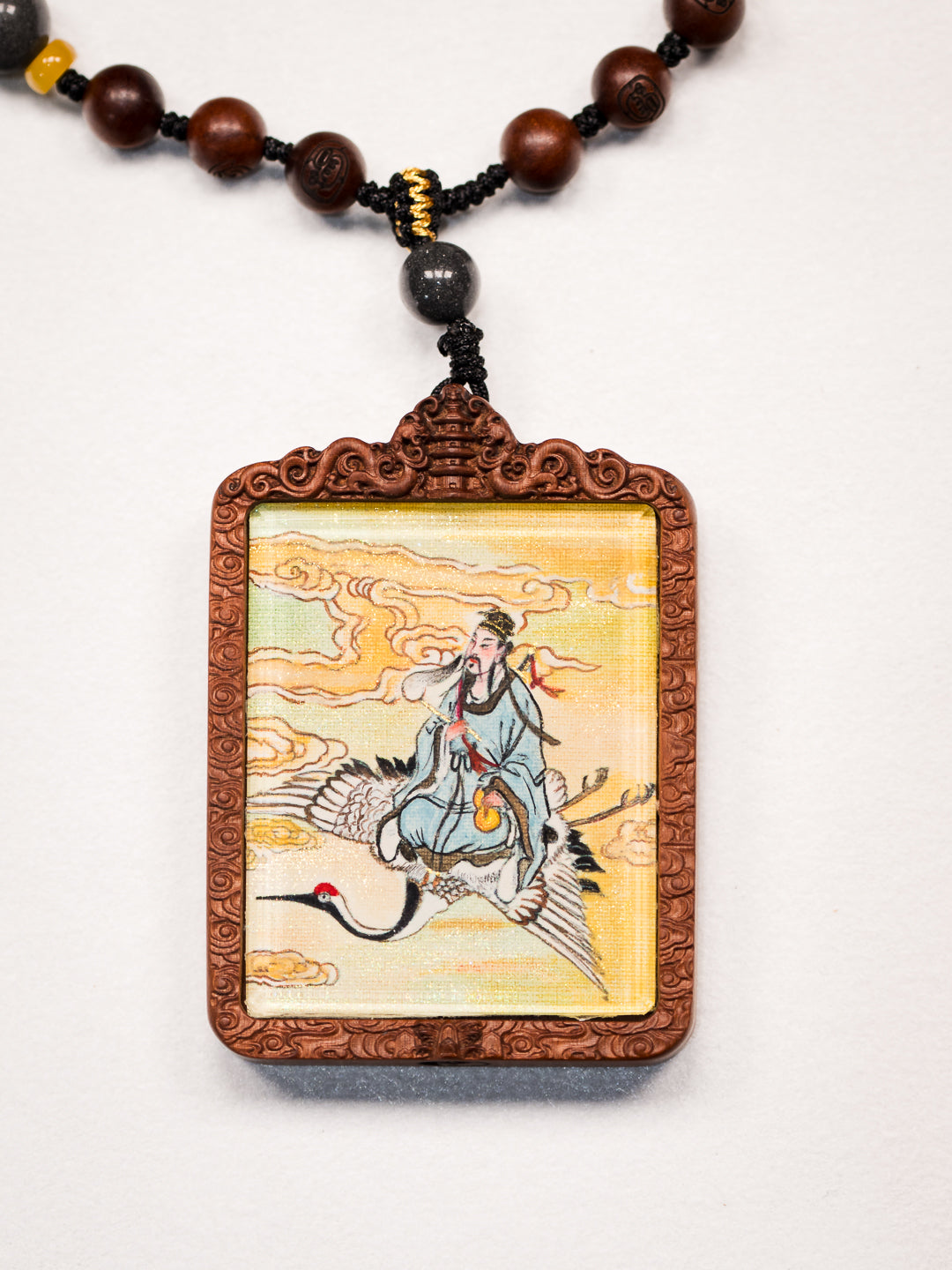 纯手绘 吕洞宾纯阳祖师枣木外壳吊坠唐卡