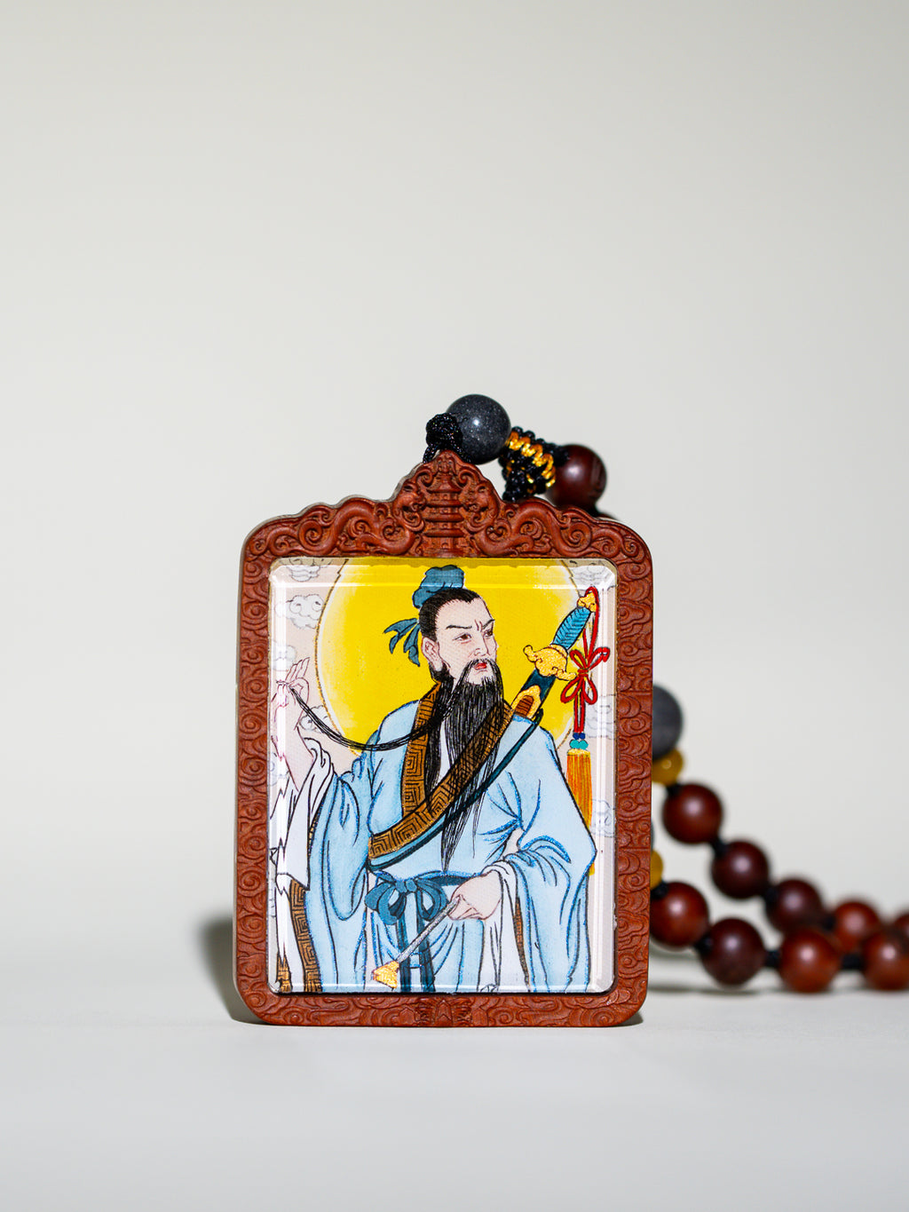 纯手绘 吕洞宾纯阳祖师枣木外壳吊坠唐卡