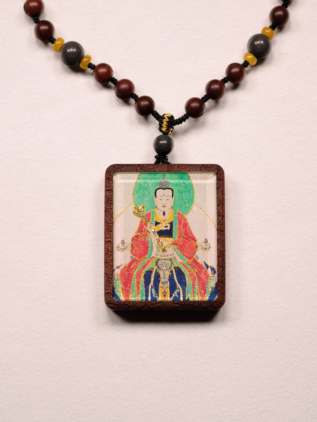 手绘点彩 文相雷祖枣木外壳吊坠唐卡