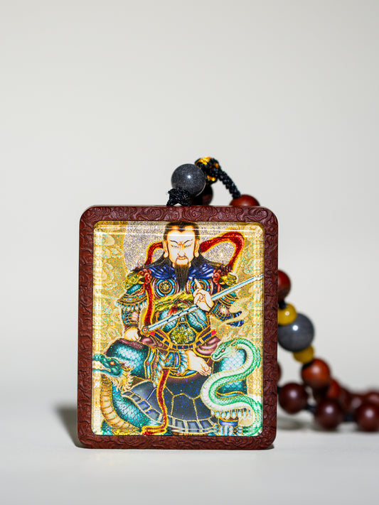 Hand-Painted Pointillism Zhenwu Emperor Pendant Draw cards with Jujube Wood Case