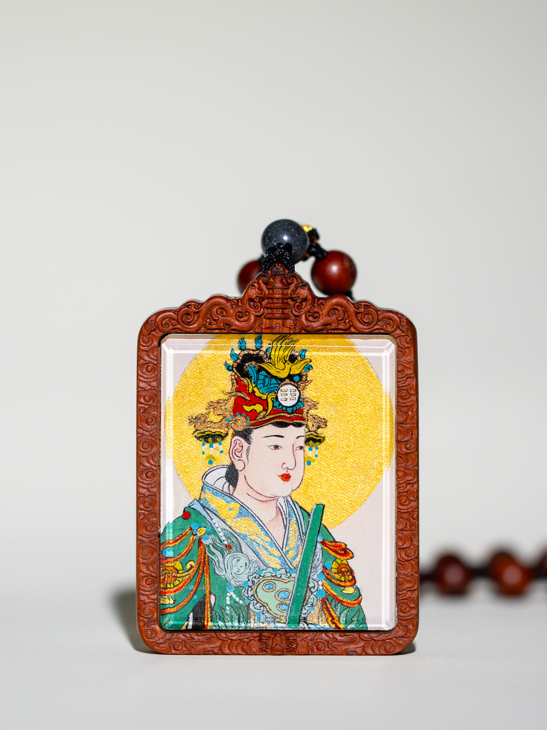 纯手绘东王公+西王母枣木外壳吊坠唐卡