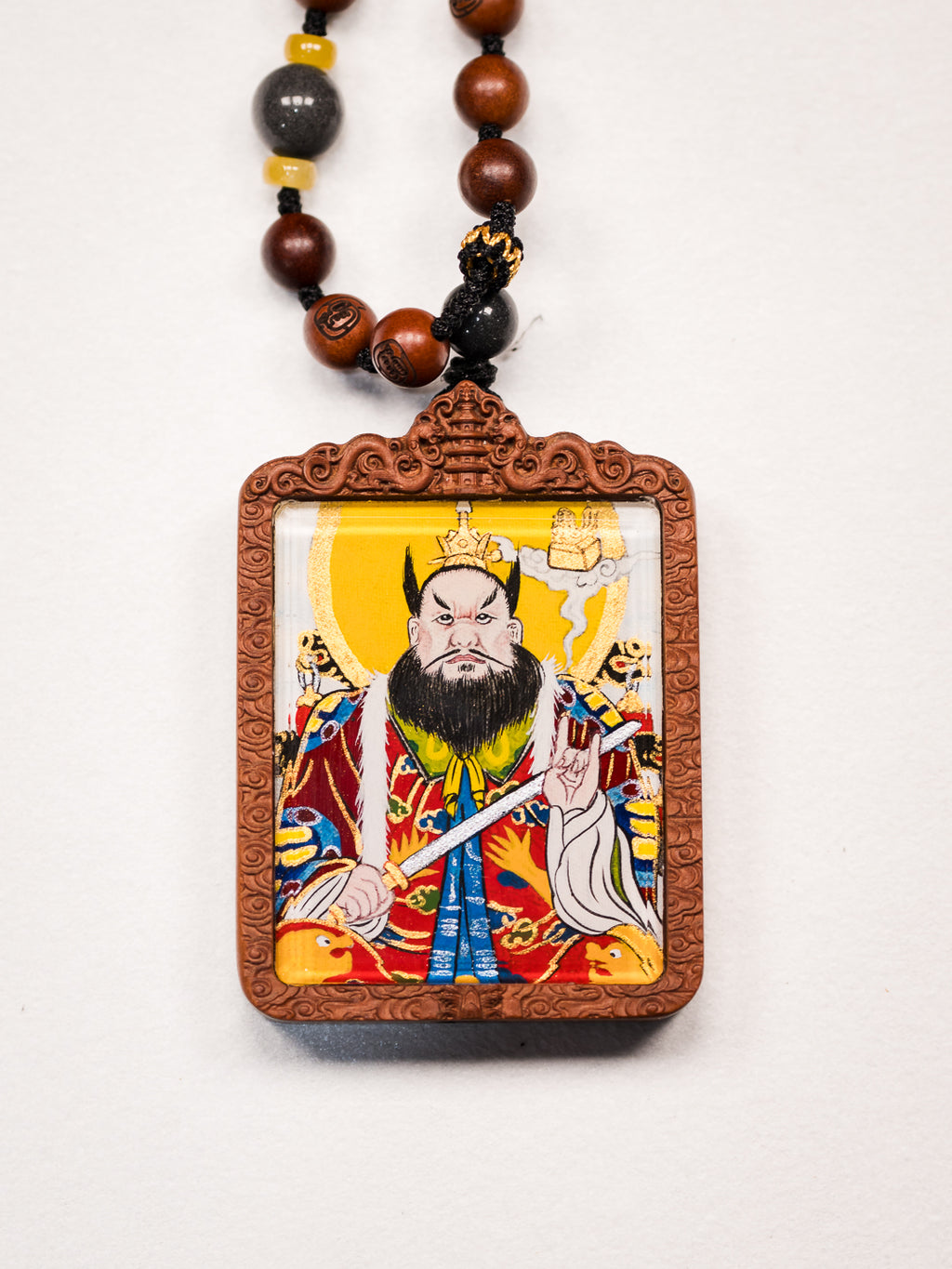 纯手绘 张天师张道陵枣木外壳吊坠唐卡
