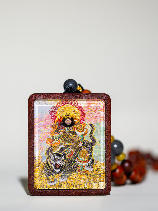 Hand-Painted Pointillism “God of Wealth Zhao Gongming” Zao Wood Pendant Draw cards
