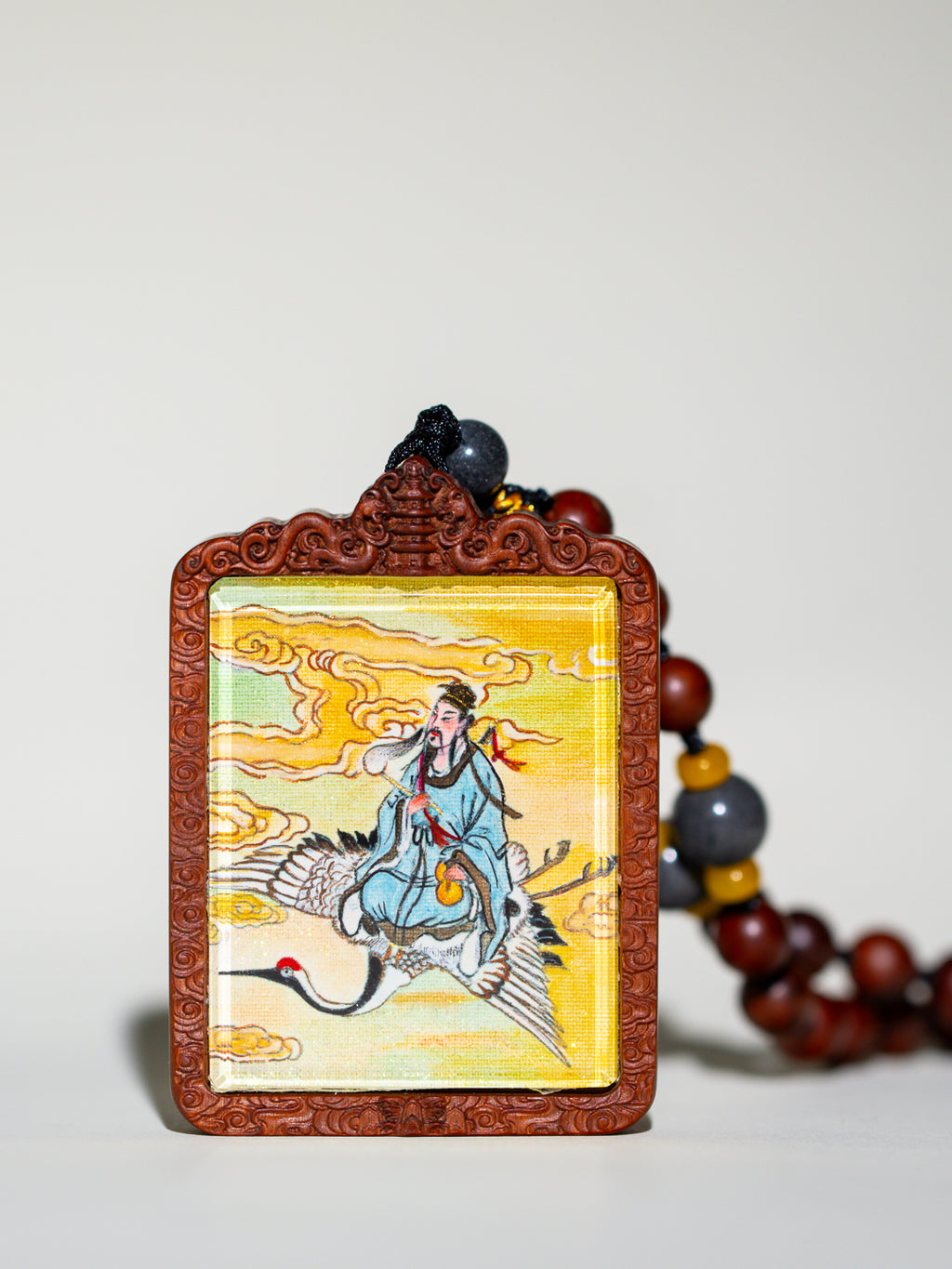 纯手绘 吕洞宾纯阳祖师枣木外壳吊坠唐卡