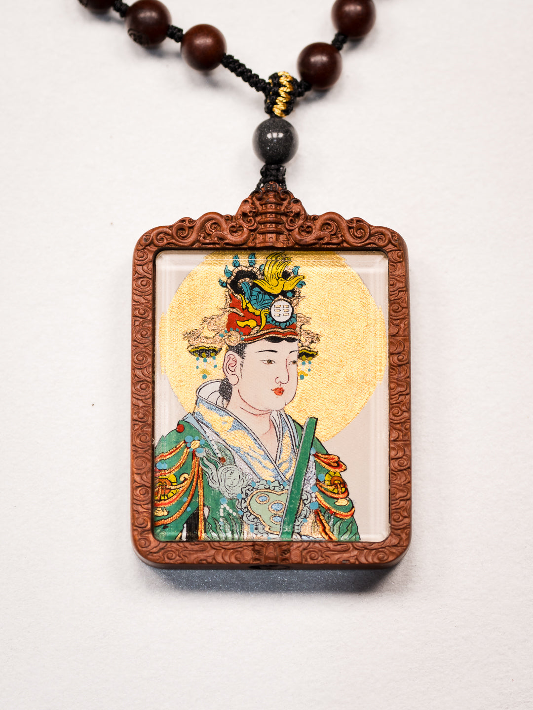 纯手绘东王公+西王母枣木外壳吊坠唐卡