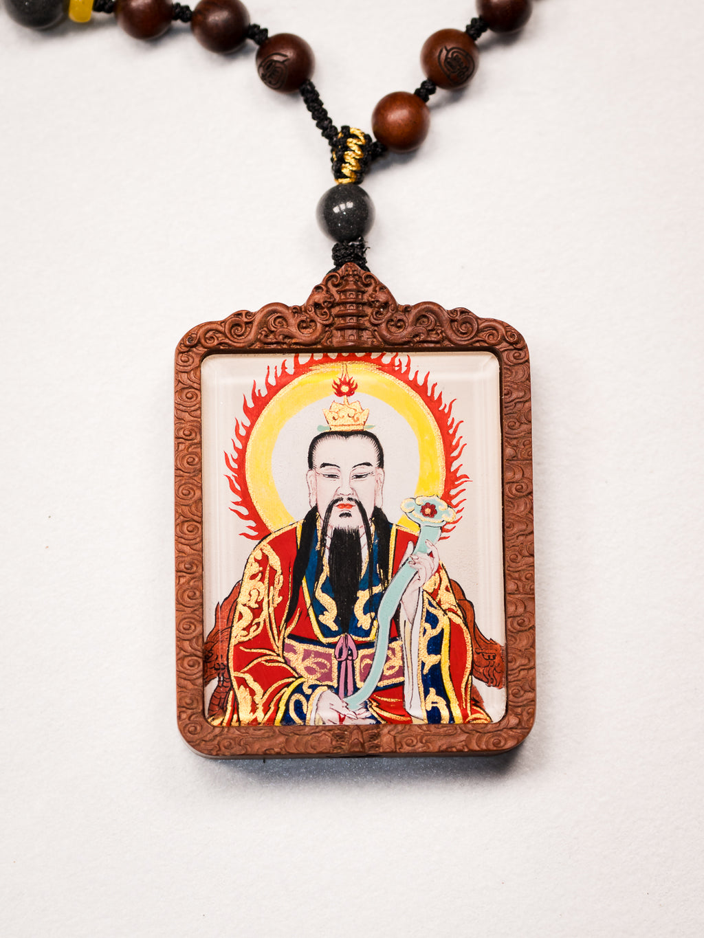 纯手绘 上清灵宝天尊枣木外壳吊坠唐卡