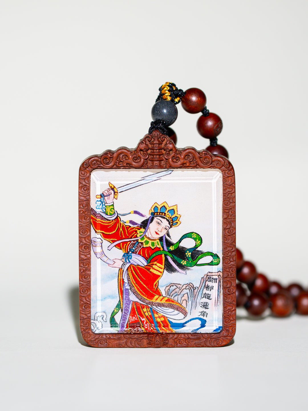 纯手绘 临水夫人陈靖姑枣木外壳吊坠唐卡