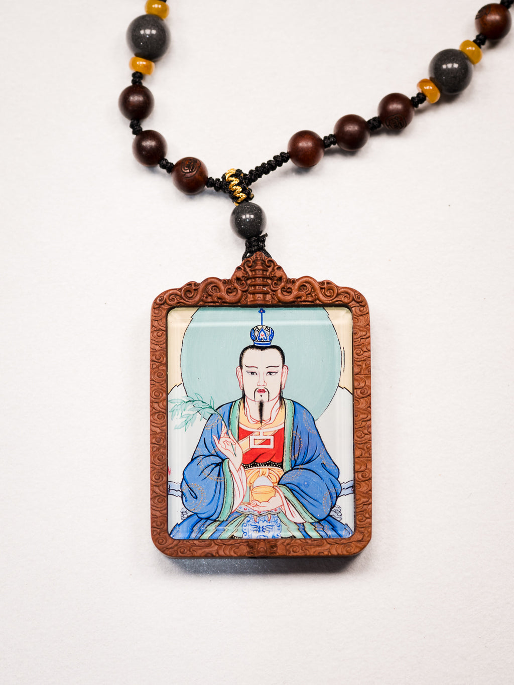 纯手绘 太乙救苦天尊枣木外壳吊坠唐卡