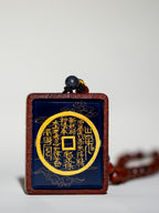 纯手绘 山鬼花钱+八卦 枣木外壳吊坠唐卡