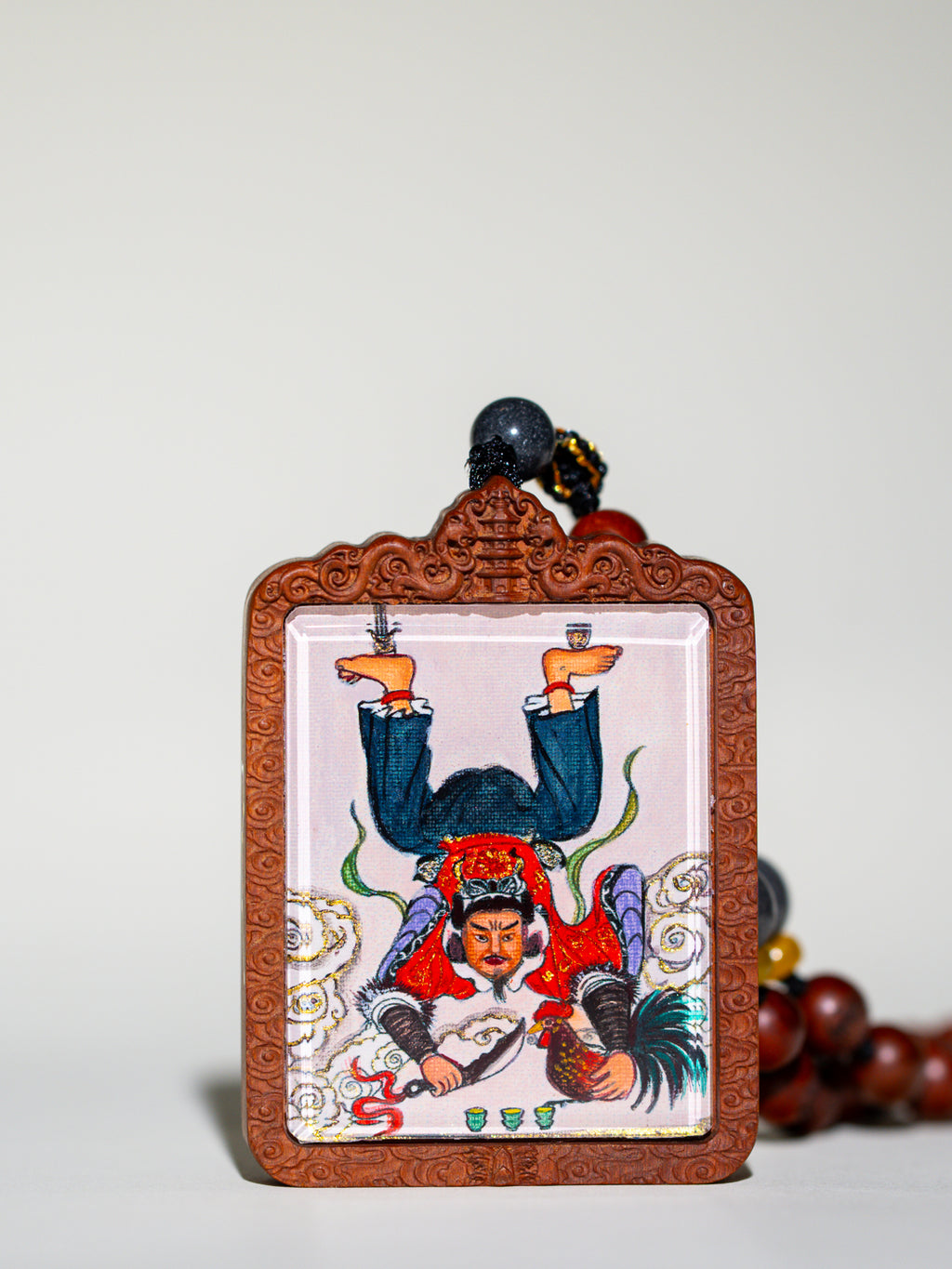 纯手绘 梅山张五郎翻坛枣木外壳吊坠唐卡