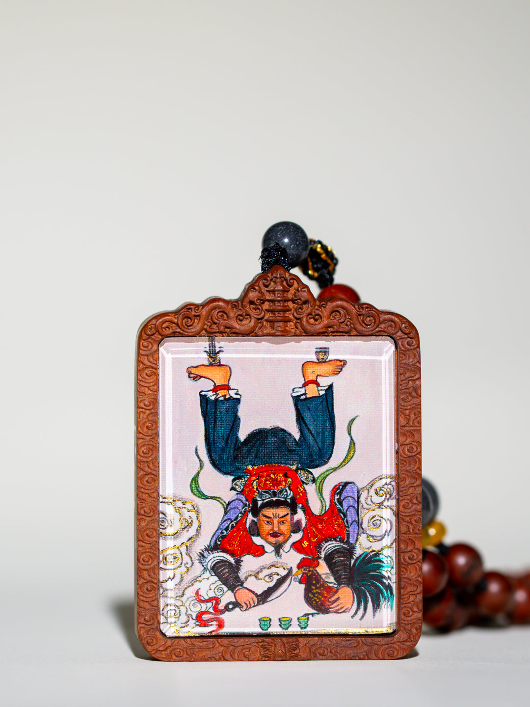 纯手绘 梅山张五郎翻坛枣木外壳吊坠唐卡