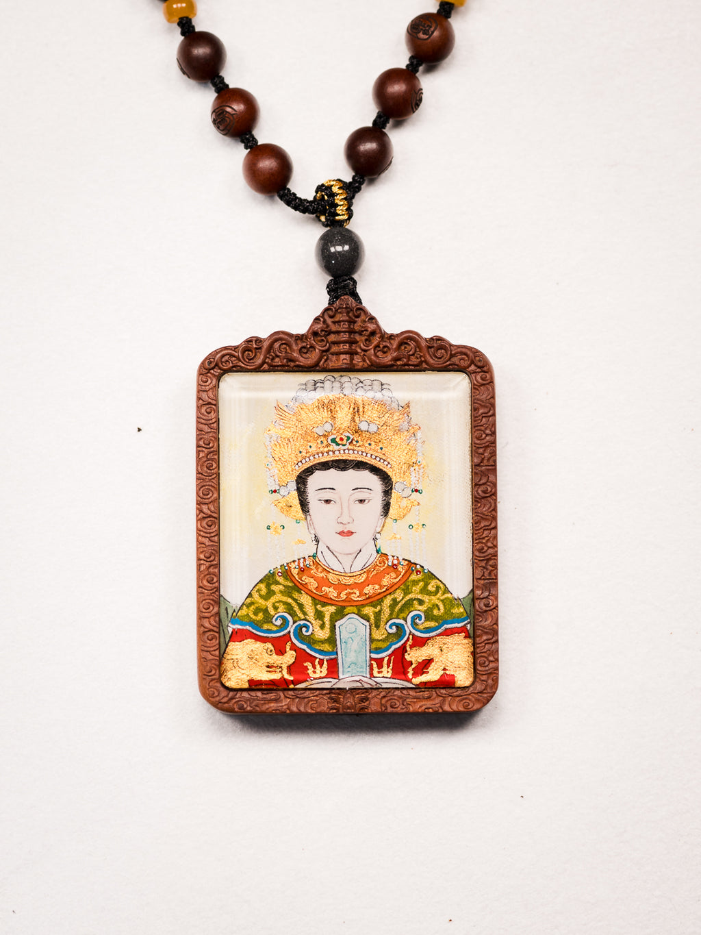 纯手绘 碧霞元君泰山奶奶 枣木外壳吊坠唐卡