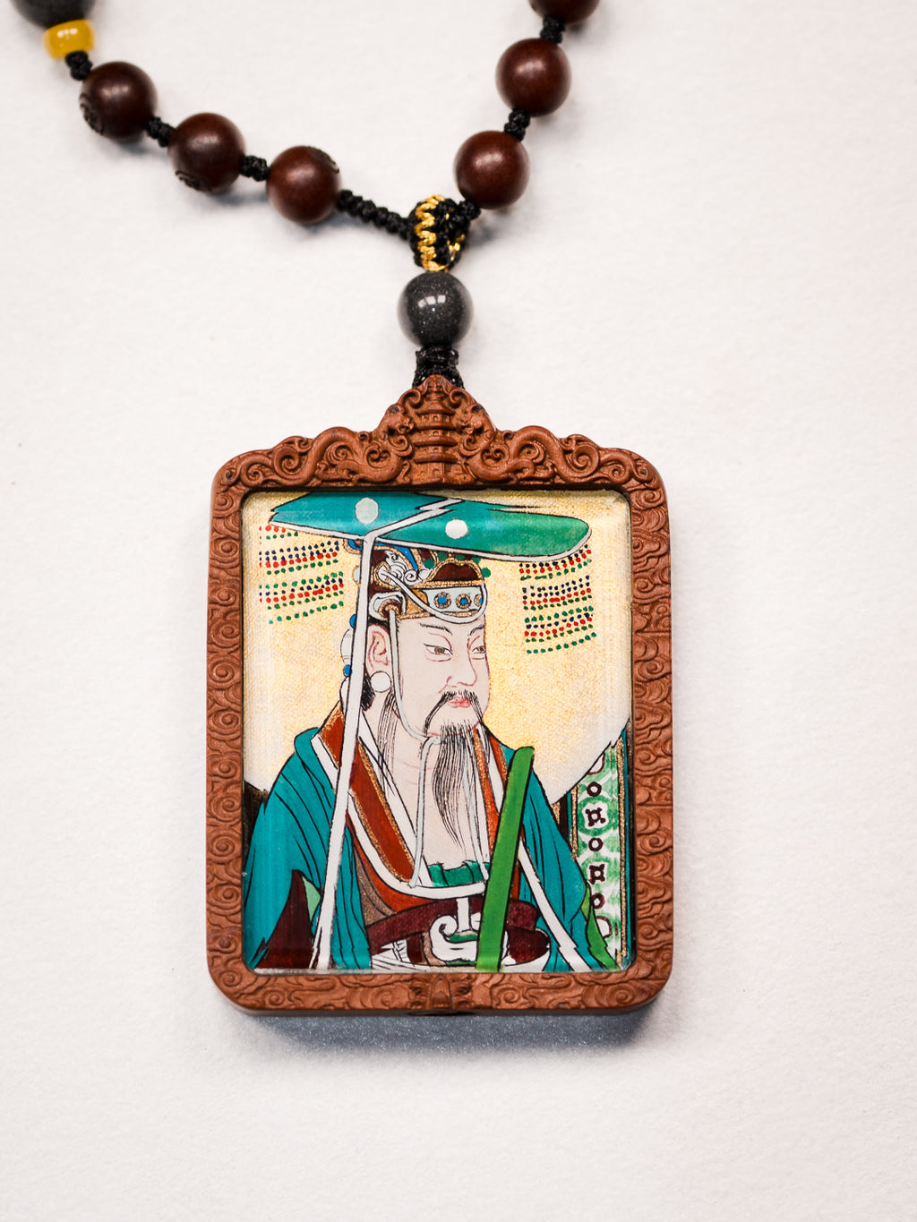 纯手绘东王公+西王母枣木外壳吊坠唐卡