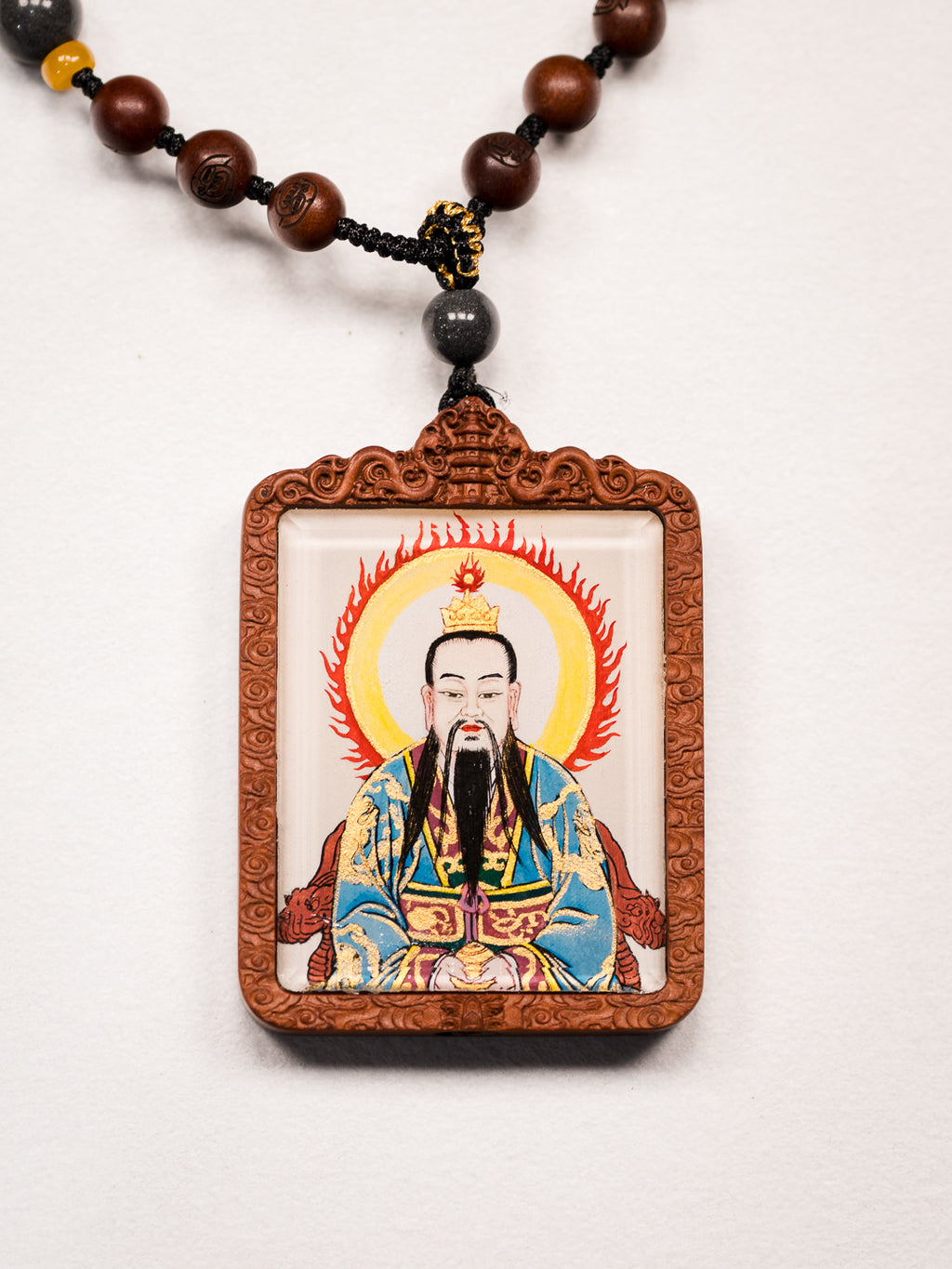 纯手绘玉清元始天尊 枣木外壳吊坠唐卡