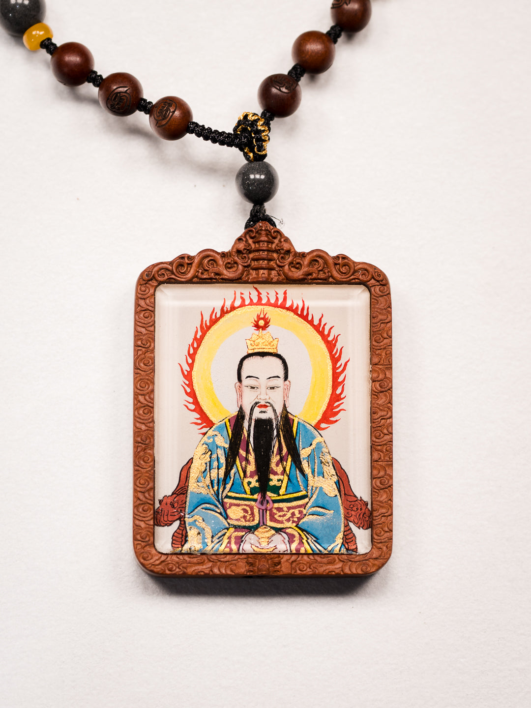 纯手绘玉清元始天尊 枣木外壳吊坠唐卡