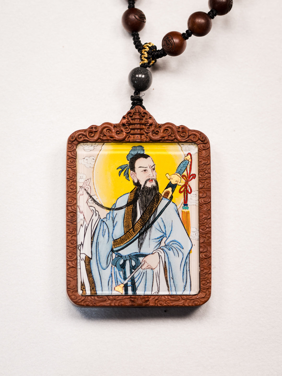 纯手绘 吕洞宾纯阳祖师枣木外壳吊坠唐卡