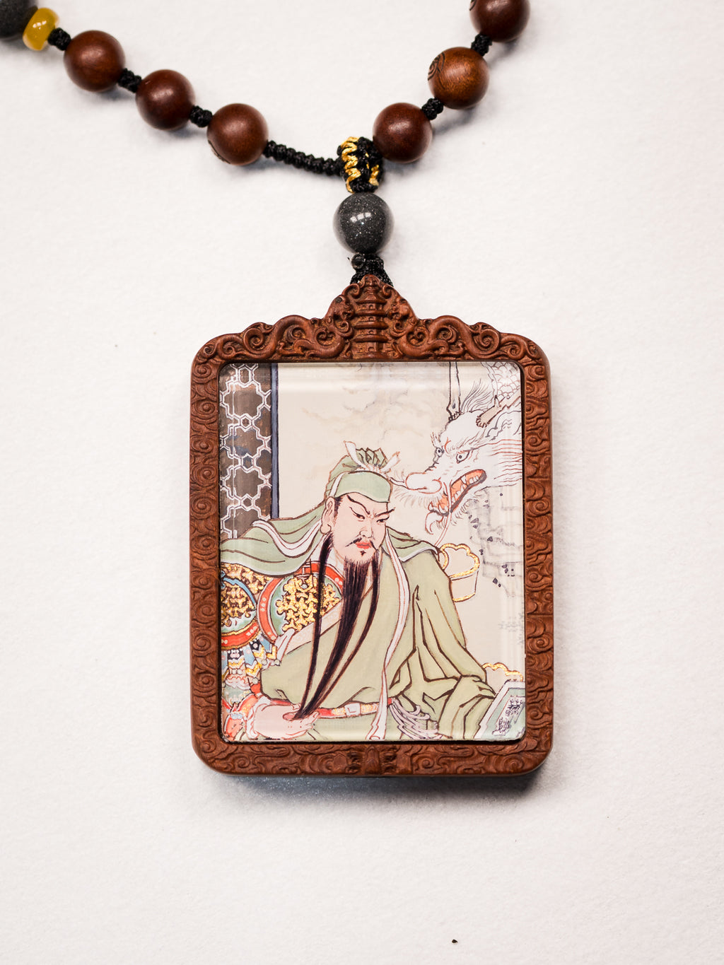 纯手绘关羽/二爷/关圣帝君枣木外壳吊坠唐卡