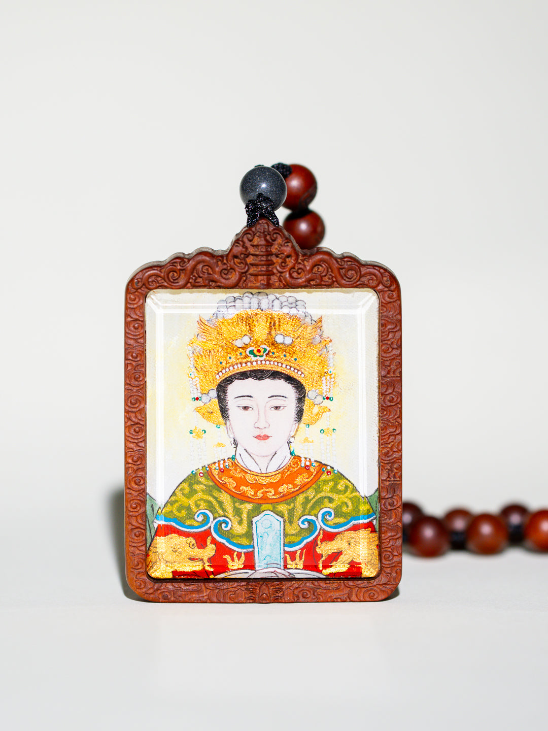 纯手绘 碧霞元君泰山奶奶 枣木外壳吊坠唐卡