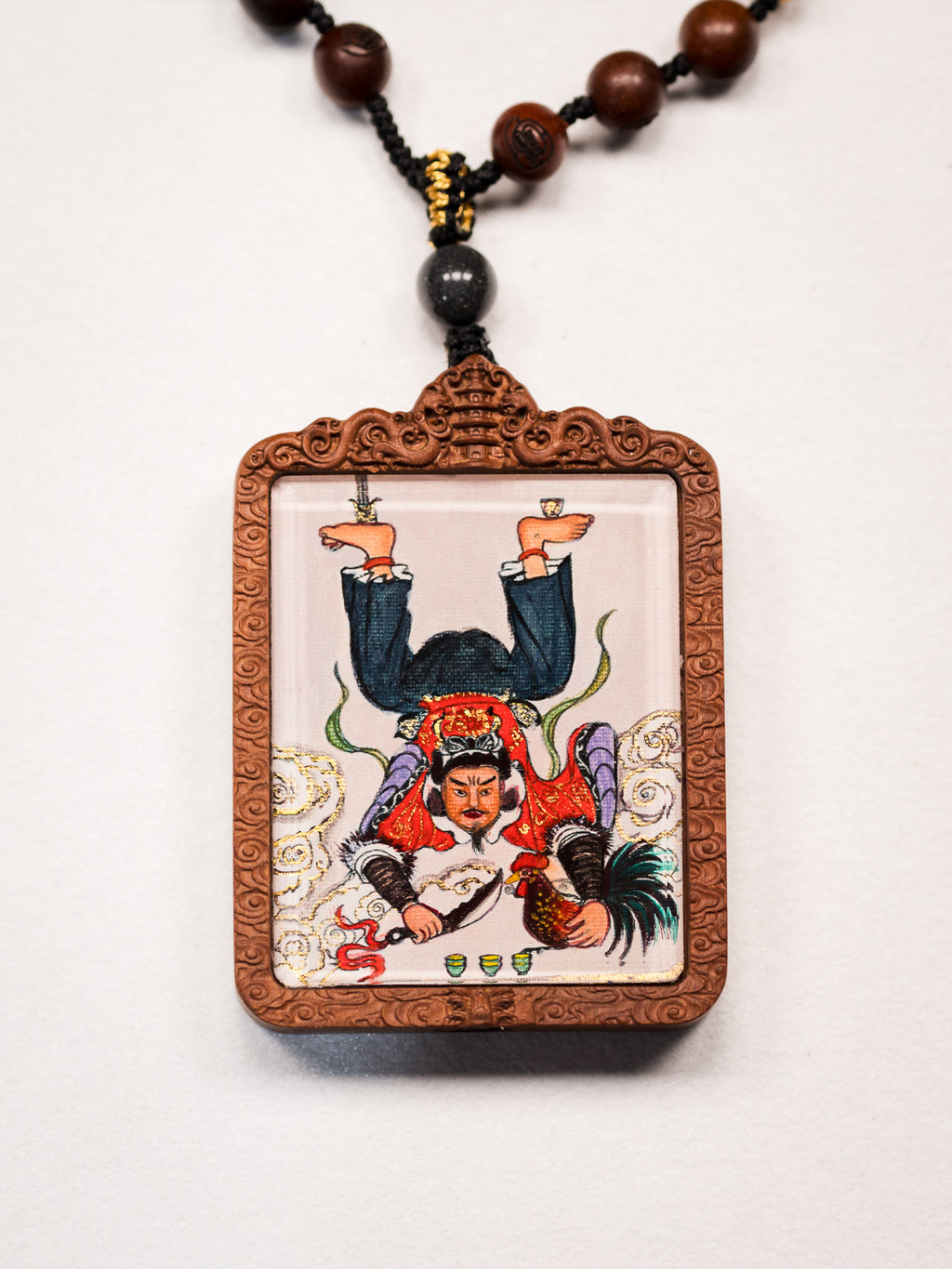 纯手绘 梅山张五郎翻坛枣木外壳吊坠唐卡