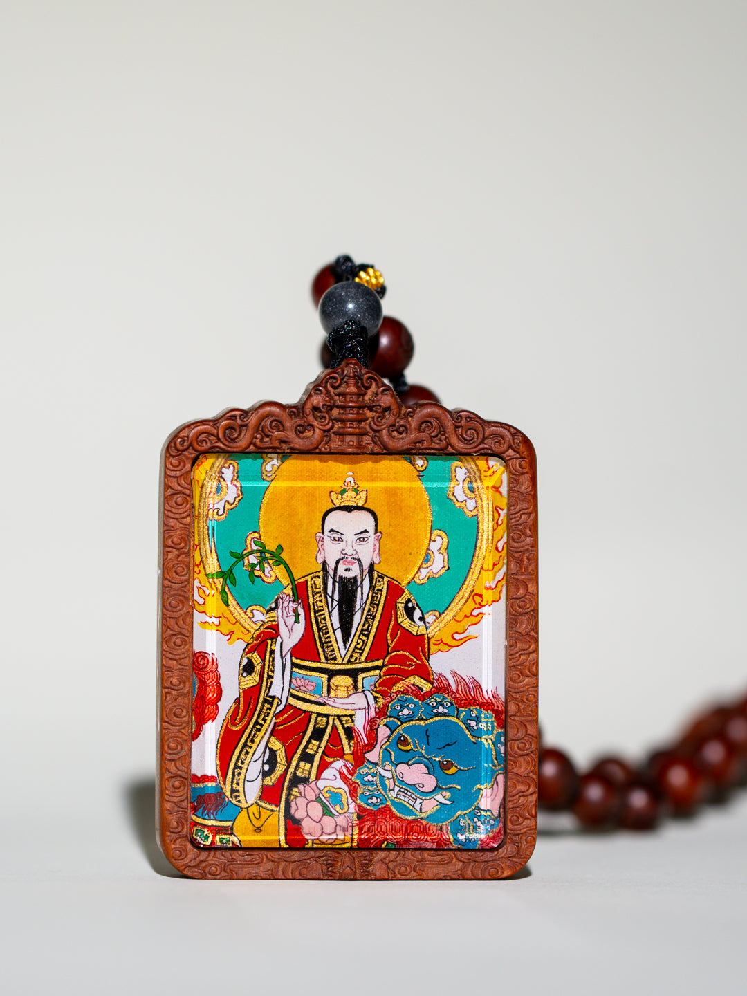 纯手绘 太乙救苦天尊枣木外壳吊坠唐卡