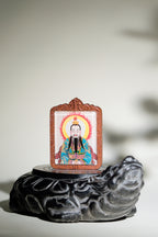 纯手绘玉清元始天尊 枣木外壳吊坠唐卡